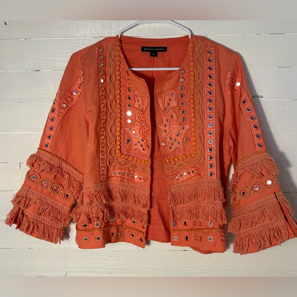 Boston Proper coral/orange jacket, reflective dots, fringe, unique. Womens S. - Picture 4 of 8